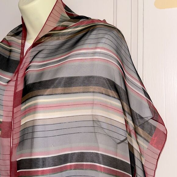 Vintage Red, Black, Green, Tan & Cream Semi Sheer Striped Polyester Scarf - Picture 2 of 6
